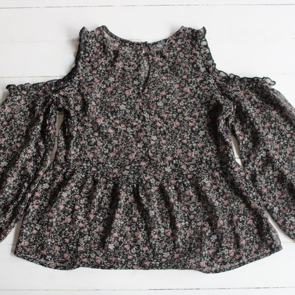 Sheer Black and Pink Floral Cold Shoulder Ruffle Top - Picture 1 of 7